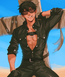 1boy abs arm_hair belt black_belt black_gloves black_hair black_jumpsuit breast_pocket buttons chalseu chest_hair chest_strap cigarette collarbone commentary cross_punisher facial_hair gloves goatee_stubble grin hair_between_eyes highres jumpsuit large_cross male_focus mouth_hold nicholas_d._wolfwood pectoral_cleavage pectorals pocket sideburns signature three-quarter_sleeves smile smoking solo stubble sunglasses teeth_hold tinted_eyewear trigun unbuttoned