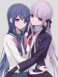2girls absurdres black_gloves black_skirt blue_eyes blue_hair bow bowtie braid collarbone collared_shirt danganronpa:_trigger_happy_havoc danganronpa_(series) gloves hair_ornament hair_ribbon hairclip highres hug jacket kirigiri_kyoko long_hair long_sleeves looking_at_viewer maizono_sayaka multiple_girls necktie open_clothes open_jacket pink_bow pink_bowtie pleated_skirt purple_eyes purple_hair ribbon rurero_666 sailor_collar school_uniform serafuku shirt side_braid single_braid skirt small_hands smile white_shirt
