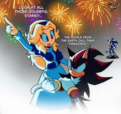 1girl 2boys aerial_fireworks blonde_hair blue_eyes fireworks furry furry_male gloves highres looking_at_another maria_robotnik mixed-language_text multiple_boys neimsteps red_eyes shadow_the_hedgehog signature sonic_(series) sonic_the_hedgehog white_gloves