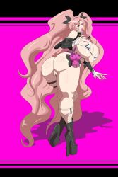 1girl absurdly_long_hair artificial_vagina ass bimboannon bimbofication boots bottomless bracelet breasts curvy eyeshadow female_focus fingernails from_behind full_body green_eyes heart high_heel_boots high_heels highres huge_ass huge_breasts jewelry lipstick long_fingernails long_hair looking_back makeup nail_polish nicole_demara pink_hair pussy sex_toy simple_background skindentation solo thick_lips thick_thighs thighs twintails very_long_hair zenless_zone_zero