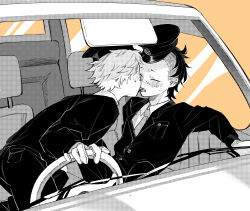 2boys absurdres against_door amo_(amo_0514) arm_support ben-day_dots bent_over blush car car_interior car_seat closed_eyes collared_shirt commentary_request french_kiss furrowed_brow gloves greyscale_with_colored_background hat hatching_(texture) highres incest jacket kimetsu_no_yaiba kiss leaning_back linear_hatching long_sleeves male_focus mohawk motor_vehicle multiple_boys necktie open_mouth orange_background pants peaked_cap police police_uniform policeman raised_eyebrows scar scar_on_face scar_on_nose screentones shinazugawa_genya_(c205) shinazugawa_sanehiro shirt short_hair simple_background sitting small_sweatdrop steering_wheel tongue tongue_out wipers yaoi