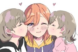 3girls affectionate age_difference brown_hair cheek_kiss closed_eyes collar double_cheek_kiss family from_side furrowed_brow girl_sandwich grey_hair heart hood hood_down hoodie if_they_mated ips_cells kiss kissing_cheek love_live! love_live!_superstar!! loveumiriruriru medium_hair mother_and_daughter multiple_girls one_eye_closed open_mouth orange_hair pink_hair pink_shirt profile protected_link puffy_sleeves purple_eyes purple_hoodie raised_eyebrow sandwiched shibuya_kanon shirt simple_background tang_keke upper_body white_background white_collar white_hoodie yuri