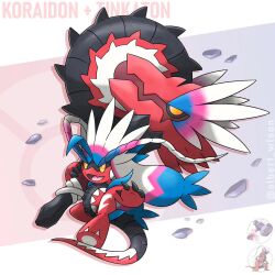 Rule 34 | albrt-wlson, artist name, character name, claws, commentary, debris, english commentary, fangs, full body, fusion, highres, holding, holding weapon, koraidon, nintendo, official art inset, open mouth, pokemon, pokemon (creature), pokemon focus, reference inset, skin fangs, smile, solo, tinkaton, weapon