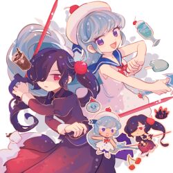 2girls :d artist_name back-to-back bare_arms bare_shoulders black_dress blue_sailor_collar breasts bubble cherry cherry_cola_cookie cherry_hair_ornament cherry_hat_ornament chibi chibi_inset cola collared_dress commentary_request cookie_run cookie_run:_ovenbreak cookie_run:_tower_of_adventures cowboy_shot cream_soda_cookie cup dress drinking_glass dual_wielding food food-themed_hair_ornament fruit hair_ornament hair_over_one_eye hat holding holding_sword holding_weapon humanization juliet_sleeves kanaizu_yh long_hair long_sleeves looking_at_viewer multiple_girls neckerchief no_pupils one_eye_covered open_mouth pantyhose parted_lips ponytail pop-pop_bubble popsicle puffy_sleeves purple_eyes purple_pantyhose red_eyes red_neckerchief sailor_collar simple_background sleeveless sleeveless_dress small_breasts smile soda_dollop standing sword tongue very_long_hair weapon white_background white_dress white_hat