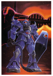 Rule 34 | 1970s (style), 1980s (style), absurdres, aircraft, desert, dusk, gaw, gouf, gundam, highres, looking at viewer, mecha, mecha focus, mobile suit, mobile suit gundam, no humans, official art, oldschool, one-eyed, ookawara kunio, painting (medium), red eyes, retro artstyle, robot, scan, science fiction, shield, shoulder spikes, spikes, thrusters, traditional media, whip