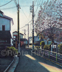 artist_name colored_pencil_(medium) evening hayashi_ryouta house no_humans original outdoors power_lines real_world_location road scenery sky street traditional_media traffic_mirror tree urban utility_pole