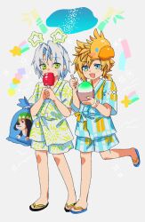 2boys aged_down bag bamboo blonde_hair blue_eyes candy_apple character_mask chocobo cloud_strife commentary eating final_fantasy final_fantasy_vii food glowstick green_eyes grey_hair highres holding holding_candy_apple holding_shaved_ice holding_spoon japanese_clothes keiseki1 male_focus mask mask_on_head multiple_boys open_mouth sephiroth sephiroth_(ever_crisis) shaved_ice short_hair smile spiked_hair spoon stamp_(ff7) star_(symbol) summer_festival symbol-only_commentary tanabata wooden_spoon