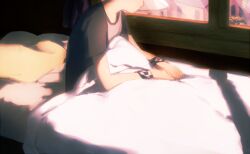 1boy bed building checkered_clothes expressionless eyes_out_of_frame foliage head_out_of_frame kingdom_hearts kingdom_hearts_ii leaning_forward male_focus morning nonalternate pajamas pillow roxas shirt sitting solo t-shirt under_covers upper_body window window_shadow wristband