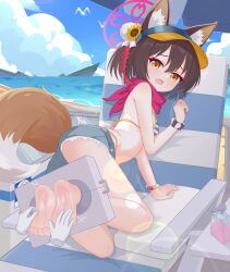 1girl animal_ear_fluff animal_ears barefoot beach_chair bead_bracelet beads bikini blue_archive blue_bikini blue_shorts bound_ankles bracelet breasts brown_eyes brown_hair chinese_commentary commentary_request denim denim_shorts disembodied_hand eugenecolin fang flower fox_ears fox_girl fox_tail hair_flower hair_ornament halo highres izuna_(blue_archive) izuna_(swimsuit)_(blue_archive) jewelry large_variant_set lens_flare looking_at_viewer official_alternate_costume one_side_up open_mouth outdoors pink_halo pink_scarf scarf scrunchie short_hair short_shorts shorts skin_fang small_breasts soles solo_focus striped_bikini striped_clothes swimsuit tail tickling tickling_feet toes variant_set visor_cap wrist_scrunchie
