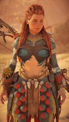 1girl 3d aloy_(horizon) bodypaint braid breasts female_focus freckles game_cg game_console glitch highres horizon_(video_game) horizon_forbidden_west horizon_zero_dawn long_hair messy_hair navel nipples outdoors red_hair solo sweat tribal upper_body video_game