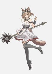 1girl animal_ears arknights bare_shoulders belt black_tiara breasts brown_eyes brown_hair cat_ears cat_girl chest_strap cleavage detached_sleeves diamond-shaped_pupils diamond_(shape) dress expressionless flower full_body grey_background hair_between_eyes hair_flower hair_ornament hand_up high_belt highres holding holding_staff large_breasts looking_at_viewer pepazo398 red_pupils rose short_hair signature simple_background solo staff standing standing_on_one_leg strapless strapless_dress symbol-shaped_pupils tail tiara vendela_(arknights) white_dress white_flower white_rose wristband