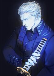 black_background black_gloves blue_coat blue_vest closed_mouth coat commentary devil_may_cry_(series) devil_may_cry_5 fingerless_gloves gloves hair_slicked_back hashtag-only_commentary highres holding holding_sword holding_weapon kanzaki_vs lapels long_sleeves looking_to_the_side open_clothes open_coat popped_collar short_hair sideways_glance simple_background sword upper_body vergil_(devil_may_cry) vest weapon white_hair yamato_(sword)