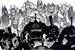 alex_ahad ballpoint_pen_(medium) belt facing_another from_behind giant greyscale horns marker_(medium) military military_uniform military_vehicle monochrome monster motor_vehicle ogre oni panzerfaust_(skullgirls) pen_(medium) shadow skullgirls tank traditional_media