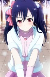 Rule 34 | 1girl, :t, absurdres, black hair, blush, bow, closed mouth, diagonal-striped bow, fur-trimmed jacket, fur trim, gloves, hair bow, hair ornament, highres, jacket, long hair, looking at viewer, love live!, love live! school idol project, official alternate costume, official style, outdoors, pink bow, pink shirt, pink skirt, pom pom (clothes), pout, red eyes, shirt, short-sleeved jacket, short sleeves, skirt, snow halation, snowing, solo, striped bow, turtleneck, turtleneck shirt, twintails, v arms, white jacket, yazawa nico, zanpon