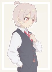 1boy ahoge black_pants black_vest blush brown_eyes commentary cowboy_shot frown grey_hair hand_in_pocket highres male_focus necktie onii-chan_wa_oshimai! outline oyama_mahiro_(male) pants red_necktie rtbspecter shirt simple_background solo sweatdrop vest wavy_mouth white_outline white_shirt wing_collar