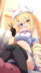 1girl :d ahoge animal_ears animal_hat beret black_gloves black_thighhighs blonde_hair blue_eyes blue_skirt blurry blurry_background blurry_foreground blush bow bowtie breasts commission crop_top depth_of_field fake_animal_ears fang feet_out_of_frame flower frilled_shirt frills gloves hair_between_eyes hair_flower hair_ornament hairclip hand_up hat heterochromia highres indoors jacket knees_together_feet_apart long_hair long_sleeves looking_at_viewer medium_breasts midriff miniskirt navel off_shoulder open_clothes open_jacket open_mouth original pink_bow pink_bowtie pleated_skirt puffy_short_sleeves puffy_sleeves rabbit_ears see-through_clothes see-through_sleeves shiro9jira shirt short_sleeves sidelocks sitting skeb_commission skirt smile solo sparkle stomach stuffed_animal stuffed_rabbit stuffed_toy thighhighs thighs twintails v white_shirt yellow_eyes