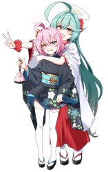 Rule 34 | 2girls, :d, ahoge, alternate costume, annoyed, aqua sash, bag, black kimono, blue archive, blue eyes, bow, brown sandals, floral print, floral print kimono, full body, green hair, grey halo, hair between eyes, hair bow, hakama, hakama skirt, halo, heterochromia, highres, holding, holding bag, hoshino (blue archive), hoshino (first year) (blue archive), hug, hug from behind, huge ahoge, japanese clothes, kimono, lace-trimmed sleeves, lace trim, long hair, multiple girls, noa (noa01010), obi, official alternate hairstyle, okobo, open mouth, pink hair, platform sandals, print kimono, red bow, red hakama, red scrunchie, sandals, sash, scrunchie, short hair, sidelocks, skirt, smile, tabi, thighhighs, v, v-shaped eyebrows, very long hair, white background, white thighhighs, wide sleeves, wrist scrunchie, yellow eyes, yume (blue archive)