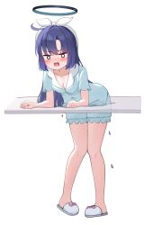 Rule 34 | 1girl, absurdres, black halo, blue archive, blue hair, blue pajamas, blush, breasts, cleavage, commentary, halo, highres, looking at viewer, mechanical halo, o o, official alternate costume, official alternate hairstyle, open mouth, pajamas, simple background, slippers, solo, stuck, tisofofo, white background, white slippers, yuuka (blue archive), yuuka (pajamas) (blue archive)