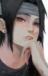 1boy absurdres black_hair black_shirt closed_mouth earrings hand_on_own_chin heterochromia highres jewelry lips looking_at_viewer male_focus naruto_(classic) naruto_(series) nose portrait rinnegan sharingan shirt short_hair signature simple_background solo tamelee uchiha_sasuke white_background