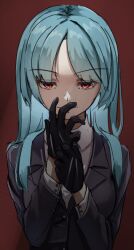1girl adjusting_clothes adjusting_gloves alternate_costume black_gloves blue_hair degtyaryov2952 dress enri_louvre formal_clothes glove_pull gloves long_hair naraku naraku_2 red_eyes solo suit