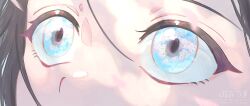 1girl black_hair blue_eyes cherry_blossoms close-up dappled_sunlight day eye_focus eye_reflection eyelashes highres looking_at_object original outdoors reflection sunlight tsukimoritsuki watermark