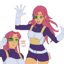 1girl :d bodysuit breasts covered_collarbone dc_comics dragon_ball english_text genniax gloves grey_background grey_gloves hands_up highres long_hair medium_breasts multiple_views open_mouth parted_bangs purple_bodysuit red_eyes red_hair saiyan_armor scouter simple_background smile starfire teen_titans teeth upper_teeth_only