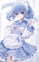 Rule 34 | 1girl, animal ears, apron, blue bow, blue dress, blue eyes, blue hair, blush, bottle, bow, breasts, closed mouth, collarbone, dress, frills, hair between eyes, hair ornament, headdress, highres, holding, holding bottle, long sleeves, looking at viewer, medium breasts, original, sapphire (sapphire25252), solo, sweat, sweatdrop, underboob, white apron