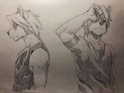 1boy animal_ears armband armpit_hair armpits biceps black_tank_top closed_mouth commentary_request dog_boy dog_ears dog_nose dog_tags furry furry_male graphite_(medium) hatching_(texture) highres indeigo15 jewelry kouya_aotsuki linear_hatching long_hair looking_to_the_side looking_up male_focus morenatsu multiple_views necklace pen_(medium) profile tank_top traditional_media upper_body wiping_forehead
