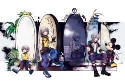 2boys aged_down armband bare_shoulders belt black_belt black_boots black_gloves black_jacket black_shorts blue_armband boots cloud disney eye_contact gloves green_eyes grey_hair highres holding_hands hood hooded_jacket jacket kingdom_hearts kingdom_hearts_i kingdom_hearts_ii kingdom_hearts_iii long_hair looking_at_another male_focus mickey_mouse mim_(mimya0600) multiple_boys open_clothes open_jacket palm_tree red_shorts riku_(kingdom_hearts) shirt shoes short_sleeves shorts sitting sleeveless sleeveless_shirt smile sneakers standing star_(symbol) thigh_belt thigh_strap tree unzipped white_background white_shirt yellow_shirt yellow_shoes zipper
