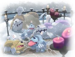 Rule 34 | alternate color, animal focus, candle, commentary request, dog, eji, evolutionary line, greavard, hair over eyes, highres, houndstone, nintendo, no humans, open mouth, pokemon, pokemon (creature), pokemon focus, shiny pokemon, smile, snow, snowing, tombstone, tongue, tongue out