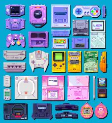 3d absurdres blockbench_(medium) blue_background circuit_board commentary dreamcast_controller english_commentary game_boy game_boy_advance game_boy_advance_sp game_boy_color game_console gamecube gamecube_controller handheld_game_console highres low_poly mametchi mario_(series) new_super_mario_bros. nintendo nintendo_64 nintendo_ds_lite no_humans object_focus sega sega_dreamcast sega_mega_drive simple_background stylus super_famicom super_famicom_gamepad super_mario_world tamagotchi tamagotchi_(classic) tamagotchi_(virtual_pet) violet_(violxiv) virtual_pet_(toy) vmu