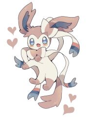 animal_focus blue_eyes blush blush_stickers commentary_request full_body gen_6_pokemon heart highres nintendo no_humans open_mouth ovoip pokemon pokemon_(creature) simple_background smile solo sylveon twitter_username white_background