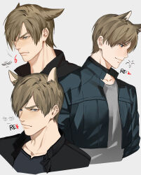 Rule 34 | 1boy, absurdres, age progression, animal ears, black jacket, blonde hair, blue eyes, blue jacket, closed mouth, collarbone, collared jacket, commentary, crew neck, ears back, english commentary, frown, grey shirt, hair behind ear, hair over one eye, highres, jacket, jujeop, kemonomimi mode, leon s. kennedy, long sleeves, looking ahead, male focus, one eye covered, open clothes, open jacket, resident evil, resident evil 2, resident evil 4, resident evil 6, shirt, simple background, smile, undershirt, upper body, white background