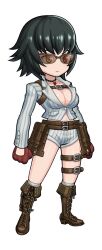 1girl black_hair breasts breath_of_fire_6 cleavage deformed devil_may_cry devil_may_cry_(series) devil_may_cry_4 gloves holster jacket jewelry lady_(devil_may_cry) necklace no_bra official_art second-party_source shorts smile sunglasses white_jacket white_shorts