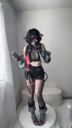 1girl 2024 absurdres animal_ears arms_up black_gloves black_hair black_shirt black_shorts boots breasts cleavage commentary cosplay cosplay_photo crop_top cropped_jacket english_commentary female_focus gloves gradient_hair grey_boots grey_jacket highres holding indoors jacket jacket_on_shoulders jane_doe_(zenless_zone_zero) jane_doe_(zenless_zone_zero)_(cosplay) kltt3y large_breasts long_hair low-tied_long_hair low_ponytail midriff mouse_ears mouse_girl multicolored_hair pantyhose photo_(medium) ponytail real_life red_hair red_nails red_trim selfie shirt shorts solo standing tail thick_thighs thighs torn_clothes torn_pantyhose v zenless_zone_zero