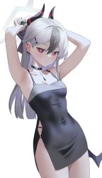 1girl absurdres armpits black_choker black_dress black_hair black_horns black_streaks blue_archive breasts bright_pupils choker closed_mouth covered_navel demon_horns demon_wings dress grey_hair grey_halo halo highres horns kayoko_(blue_archive) kayoko_(dress)_(blue_archive) long_hair looking_at_viewer mole mole_on_neck official_alternate_costume red_eyes shortofsugar simple_background single_wing sleeveless sleeveless_dress small_breasts solo studded_choker thighs white_background white_pupils wings