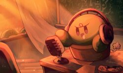 Rule 34 | black eyes, chalkboard, commentary, controller, curtains, evening, game controller, guchitsubo, guchitsubo (youtube), headphones, highres, indoors, microphone, no humans, open mouth, sudasamo, twitter username