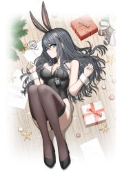 Rule 34 | 1girl, absurdres, animal ears, antonina (neural cloud), bare shoulders, black hair, black leotard, black shoes, black thighhighs, blue eyes, blush, box, breasts, character doll, cheogtanbyeong, christmas, closed mouth, commentary, doll, dot mouth, fake animal ears, fake tail, female professor (neural cloud), full body, gift, gift box, girls&#039; frontline, girls&#039; frontline neural cloud, high heels, highres, id card, korean commentary, legs up, leotard, long hair, looking at viewer, lying, on back, on floor, professor (neural cloud), rabbit ears, rabbit tail, shoes, solo, tail, thighhighs, white wrist cuffs, wooden floor, wrist cuffs