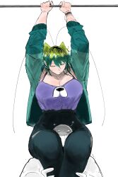 1boy 1girl 2023 absurdres antennae arms_up asphyxiation between_thighs black_pants breasts carrying_over_shoulder cleavage constricted_pupils drooling feet_out_of_frame gradient_hair green_hair green_jacket half-closed_eyes hanging height_difference high-waist_pants highres huge_breasts jacket multicolored_hair muscular muscular_female original pants purple_shirt rochi_(rrrroch1) rrrroch1 shirt short_hair simple_background strangling sweatdrop tall_female two-tone_hair white_background