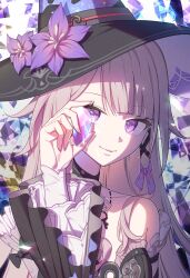 1girl chyanu dress flower hair_ornament hat hat_flower herta_(honkai:_star_rail) highres holding honkai:_star_rail honkai_(series) long_hair looking_at_viewer purple_eyes ribbon smile solo the_herta_(honkai:_star_rail) upper_body