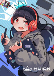 1girl absurdres black_hair blunt_bangs drawing_tablet grey_hoodie headphones highres holding holding_stylus holding_tablet_pc hood hoodie huion katsu_(katsupainter) long_hair looking_at_viewer nail_polish open_mouth original red_eyes red_headphones red_nails sarusawa_ikue solo stylus tablet_pc tail upper_body