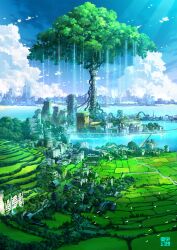 abandoned blue_sky bridge building cloud commentary_request day field giant_tree highres lens_flare no_humans original outdoors overgrown plant_roots post-apocalypse road ruins scenery sky tokyogenso tower tree water waterfall