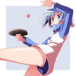 Rule 34 | 1girl, ass, baakurou, ball, blue eyes, blue hair, blush, buruma, carrot hair ornament, covered mouth, female focus, food-themed hair ornament, hair ornament, highres, itsumo hokuto, jacket, paddle, shakunetsu no takkyuu musume, short hair, solo, table tennis ball, table tennis paddle, topknot, track jacket