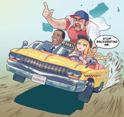 1girl 2boys anger_vein angry barack_obama blonde_hair blue_eyes braid character_request commentary crazy_taxi driving english_commentary english_text hair_ribbon index_finger_raised isla_coleman lao_ren_xing laughing long_hair long_sleeves multiple_boys necktie open_mouth production_kawaii puffy_sleeves real_life ribbon taxi twin_braids vehicle_focus very_long_hair virtual_youtuber
