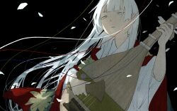 Rule 34 | 1girl, bachi, biwa (heike monogatari), biwa lute, chinese commentary, commentary request, expressionless, floating hair, heike monogatari, highres, instrument, japanese clothes, kimono, long hair, lute (instrument), mameki, music, parted lips, petals, playing instrument, plectrum, solo, upper body, white eyes, white hair, wind