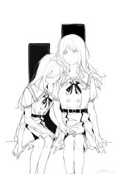 2girls absurdres bang_dream! bang_dream!_it&#039;s_mygo!!!!! belt chinese_commentary commentary_request dkl_(dinosaurkl2) dress greyscale highres holding_hands long_hair monochrome multiple_girls nagasaki_soyo neck_ribbon ribbon school_uniform short_sleeves sidelocks sitting sleeping sleeping_on_person tsukinomori_school_uniform wakaba_mutsumi yuri