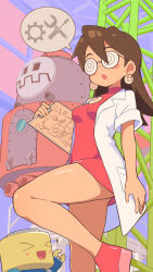1girl absurdres breasts brown_hair coke-bottle_glasses dress earrings glasses highres jewelry lab_coat leg_up long_hair mega_man_(series) mega_man_legends_(series) open_mouth pink_dress servbot_(mega_man) short_dress skull_brooch skull_earrings small_breasts tron_bonne_(mega_man) yodok