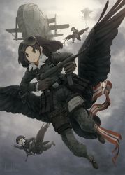 aircraft airship ammunition_pouch asterisk_kome boots cloud flag flying fur_collar gloves goggles goggles_on_head gun highres jacket military military_uniform mp40 multiple_girls original pilot_suit pouch short_hair sky streamers submachine_gun weapon wings