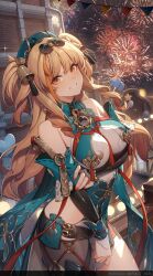 Rule 34 | 1girl, bare shoulders, black-framed eyewear, blonde hair, breasts, detached sleeves, drill hair, eyewear on head, fireworks, highres, honkai (series), honkai impact 3rd, large breasts, long hair, looking at viewer, nail polish, official alternate costume, official art, outdoors, red pupils, solo, songque, songque (jovial deception: shadowdimmer), twin drills, two side up, yellow eyes