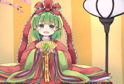 alternate_costume alternate_hairstyle branch cherry_blossoms commentary_request flower folding_fan frilled_ribbon frills green_eyes green_hair hair_ribbon hand_fan highres hinamatsuri holding holding_fan japanese_clothes kagiyama_hina kibisake kimono layered_clothes layered_kimono long_hair long_sleeves looking_at_viewer open_mouth red_kimono red_ribbon ribbon smile solo spiral touhou wide_sleeves